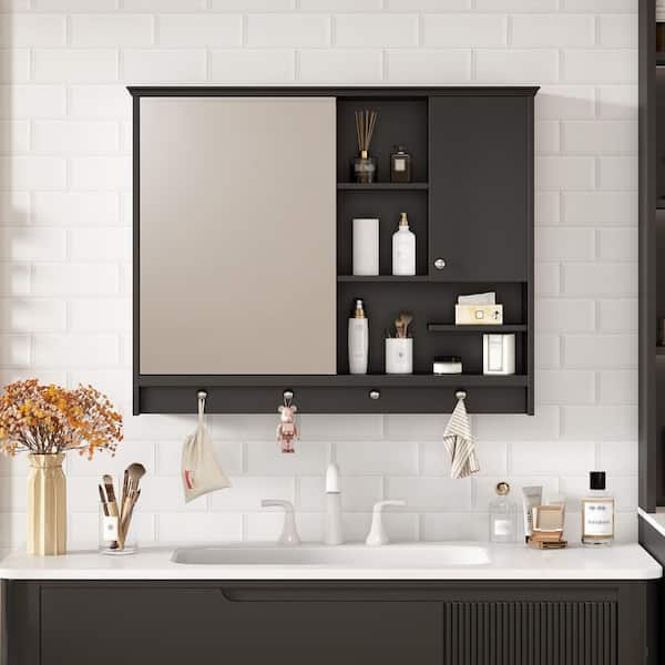 Black 36 in. W x 28 in. H Rectangular Wall Mounted Medicine Cabinet with Mirror Door and Adjustabl Shelf