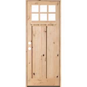 36 in. x 96 in. Craftsman 2 Panel 6Lite Clear Low-E w/Dentil Shelf Right-Hand Unfinished Wood Alder Prehung Front Door