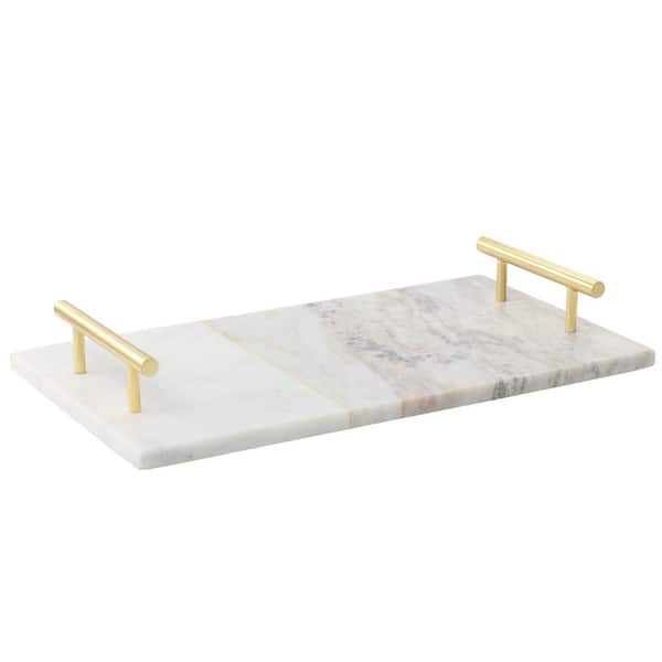 Laurie Gates 16 x 9 in. Rectangle Marble Tray in White with Brass Handles