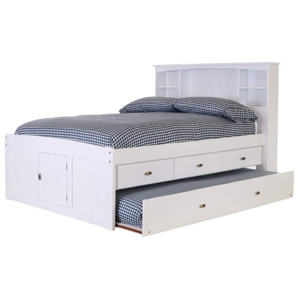 Mission Casual White Full Sized Captains Bookcase Bed with 3-Drawers and a Twin Trundle -  OS Home and Office Furniture, 80221K3-22