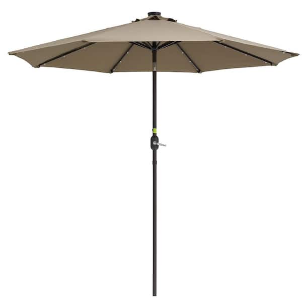 EAR OF AI INC 9 ft. Steel Solar LED Patio Market Umbrella with 32 LED Lights in Tan Color
