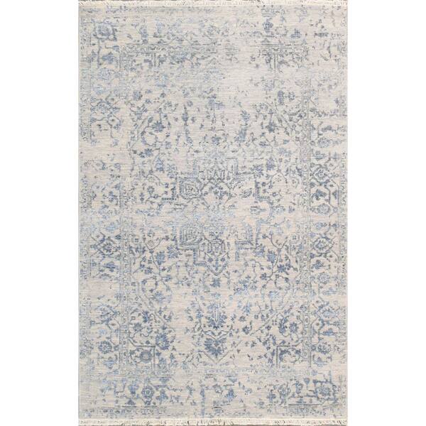 Pasargad Home Transitional Silver/Blue 4 ft.x 6 ft. Floral Bamboo Silk and Wool Area Rug