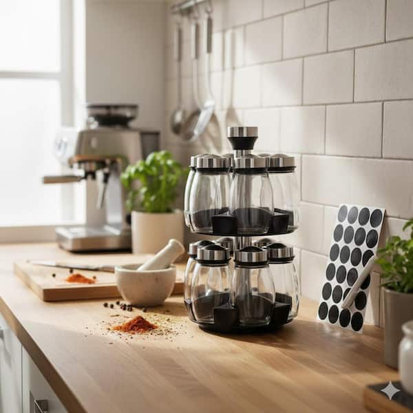 1 Shelf Silver Countertop Revolving Spice Rack Organizer with 12 Empty Jars Rotating Seasoning Bottle Holder