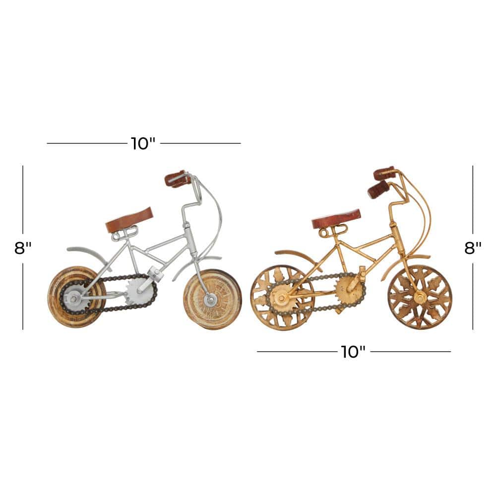 Vintage-Inspired Metallic Bicycle Statues with Wooden Accents, Set of 2