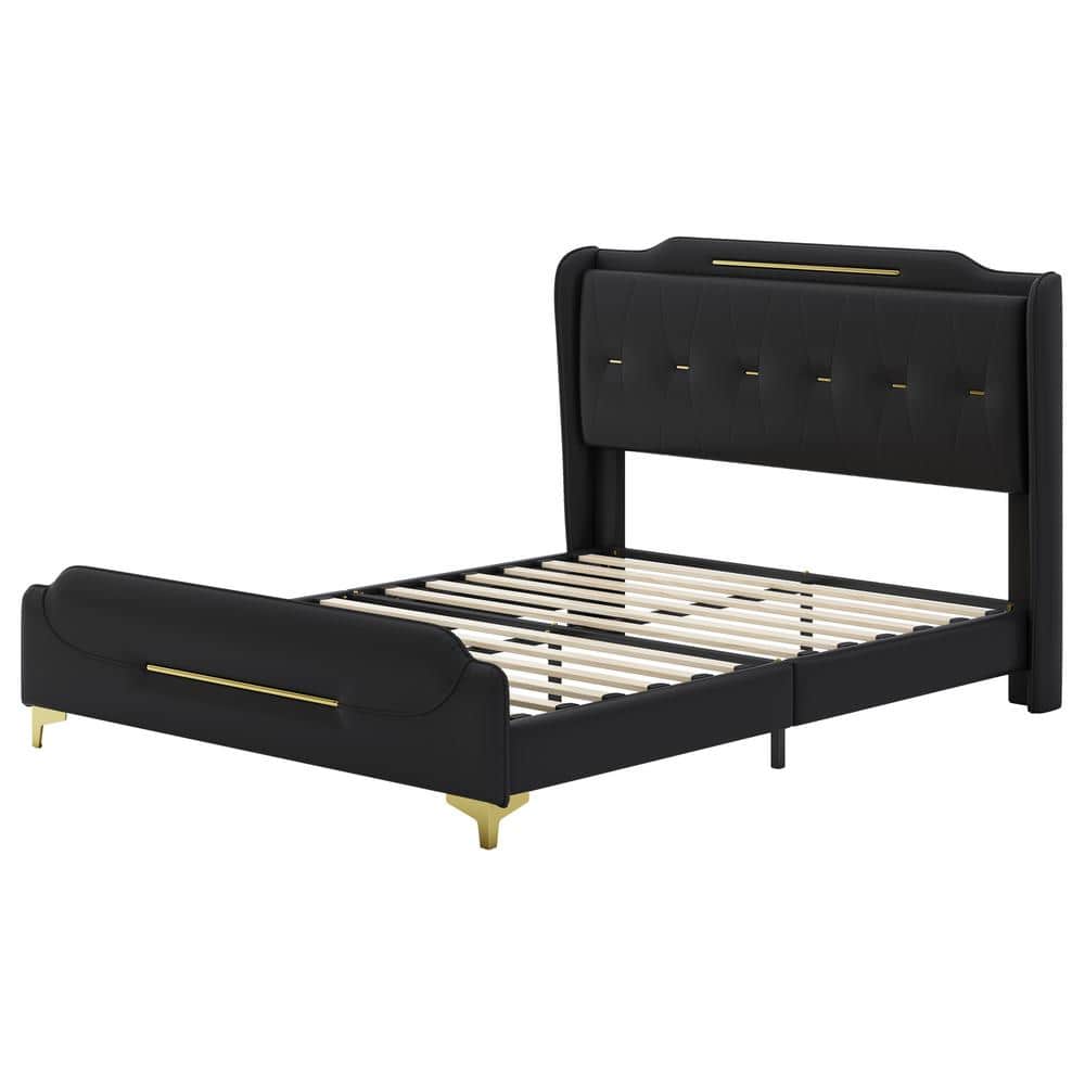 Black Faux Leather Queen Bed with Wingback Headboard and Gold Accents