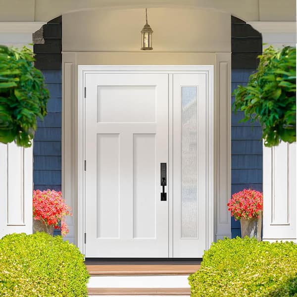 Legacy 51 in. x 80 in. 3 Panel Craftsman RHOS Unfinished White Fiberglass Prehung Front Door Rain 12 in. SL 6-9/16 Jamb