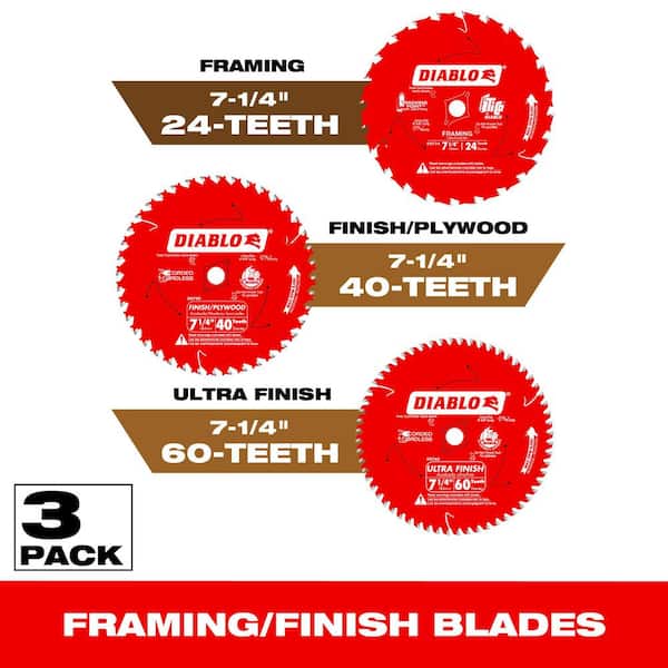DIABLO 7-1/4 Circular Saw Blade Set - 24-Tooth Tracking Point Framing, 40-Tooth Finish and 60-Tooth Fine Finish (3-Blades)