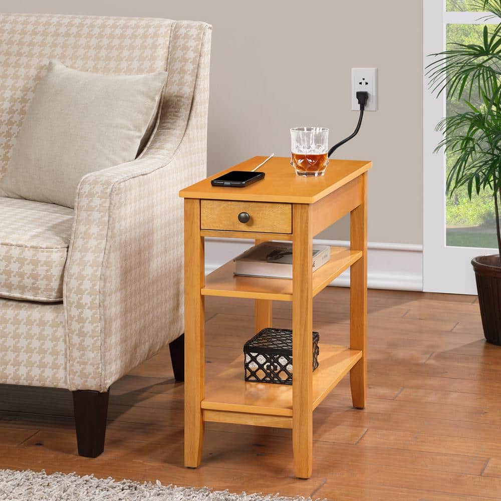 Natural Rubberwood End Table with Charging Station and Shelves