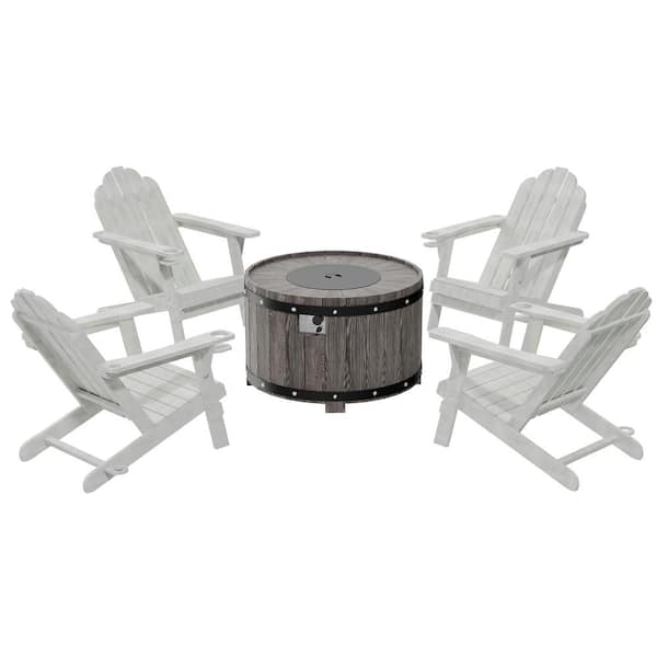 Clihome 5-Piece Outdoor Adirondack HDPE Material Plastic White Chair with 36 in. Composite Material Patio Fire Pit Table Set