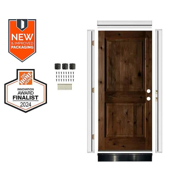 DIY 32 in. x 80 in. Knotty Alder Square Top Left-Hand Provincial Stain Wood Front Door Kit w/ Quick Assemble Jamb