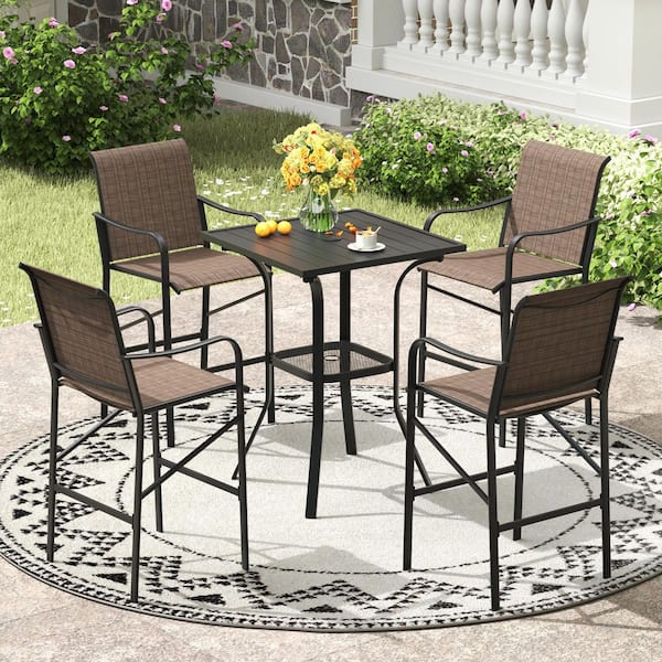 5-Piece Black Metal Square Outdoor Bistroor Set with Brown Chair for Lawn Garden