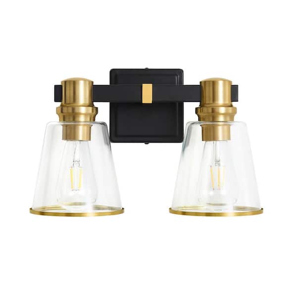 Deyidn 13.77 in. 2 Light Black and Gold Vanity Light with Clear Glass Shade, Suitable for Bathroom Living Room etc., Dimmable