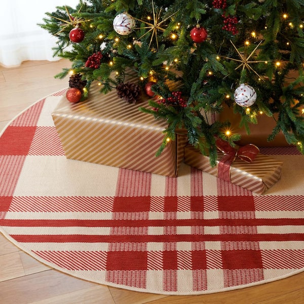 Courtyard Red/Bone 5 ft. x 5 ft. Round Striped Indoor/Outdoor Patio  Area Rug