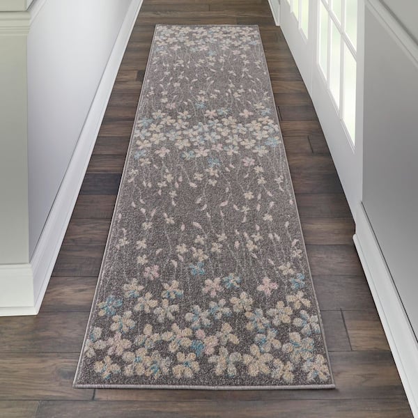 Tranquil Grey/Beige 2 ft. x 7 ft. Floral Modern Kitchen Runner Area Rug