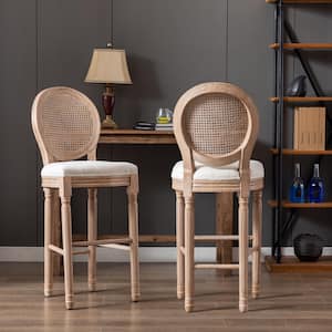 46.5in.H Beige(Light Wood)French Upholstered Wooden Barstools Fabric seat(Set of 2)with Rattan Back