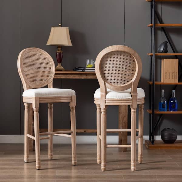 Seafuloy 46.5in.H Beige(Light Wood)French Upholstered Wooden Barstools Fabric seat(Set of 2)with Rattan Back