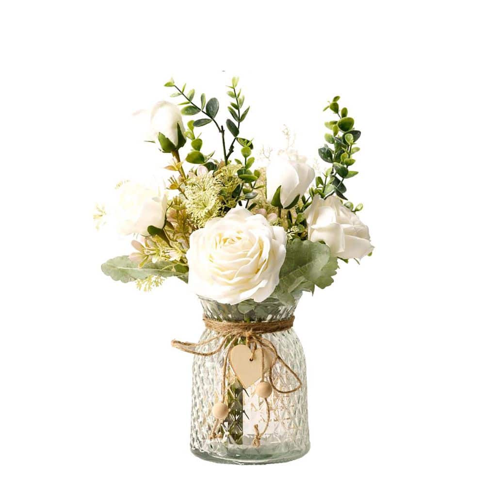 12.5 in. White Artificial Plant Arrangement with Silk Roses and Eucalyptus in Glass Vase for Home Office Decor price history on PriceWatchPro