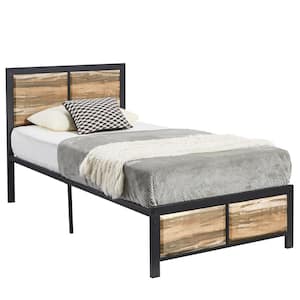 Metal Bed Frame Slate Brown Metal Frame Twin Size Platform Bed with Rustic Country Style Wooden Headboard and Footboard