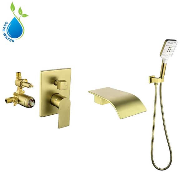 UKISHIRO 4.07 in. Single-Handle 3-Spray 1.8 GPM Adjustable Hand Shower and Wall Mounted Tub Spout in Gold (Valve Included)
