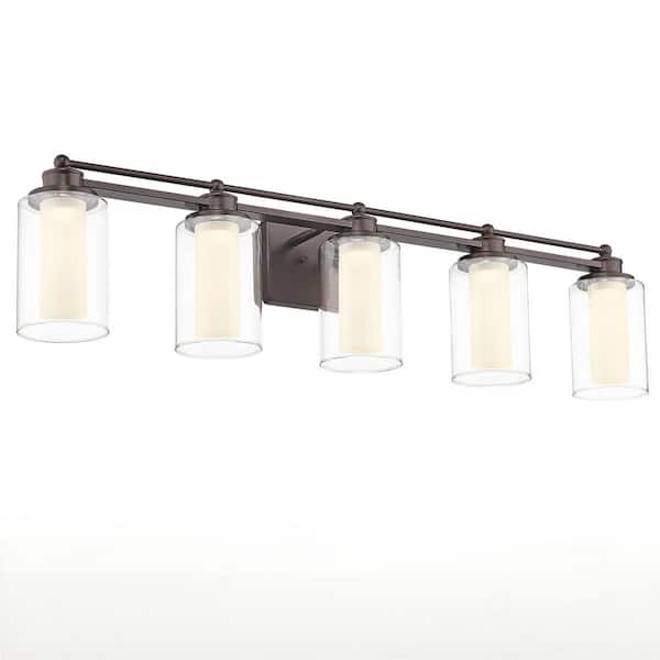 Modern 37.4 in. 5 Light Oil-Rubbed Bronze 30W 5CCT LED Vanity Light with Frosted Acrylic Shade
