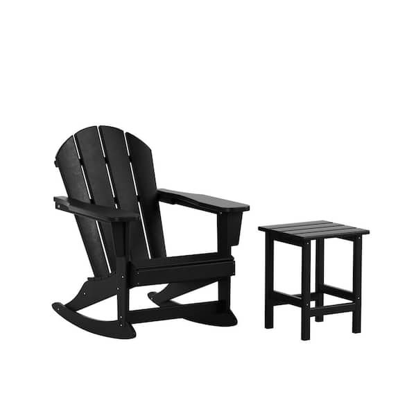Laguna HDPE Poly Plastic Outdoor Patio Classic Adirondack Porch Rocking Chair with Side Table Set in Black