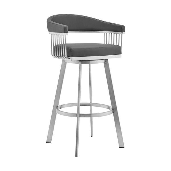 Benjara 29 in. Gray and Silver Low Back Metal Frame Barstool Chair with Faux Leather Seat