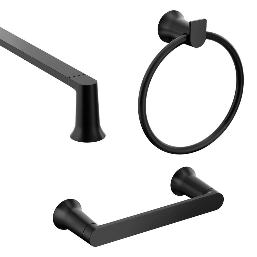 MOEN Genta 3-Piece Bath Hardware Set with 24 in. Towel Bar, Paper Holder and Towel Ring in Matte Black -  BH3633BL