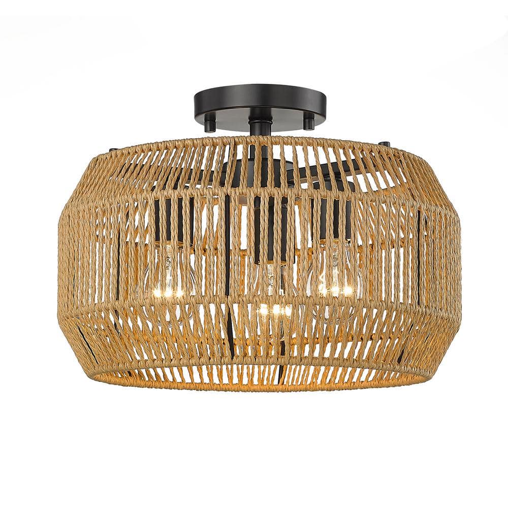 Matte Black and Natural Rope 14" Drum Semi-Flush Mount Light