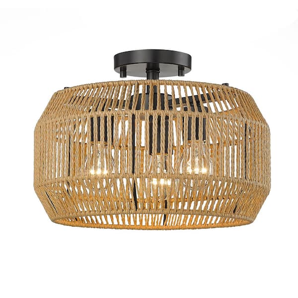 Golden Lighting Marlee 14 in. 3-Light Matte Black and Natural Raphia Rope Semi-Flush Mount