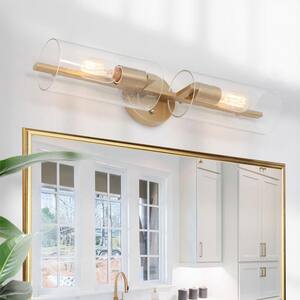 Modern Cylinder Bathroom Vanity Light 2-Light Brass Gold Linear Powder Room Wall Sconce Light with Seeded Glass Shade
