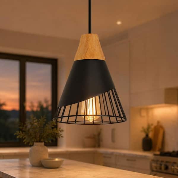 1-Light Black Pendant Light with Wooden Decor Shade, Modern Minimalist Hanging Light for Kitchen Island & Dining Room