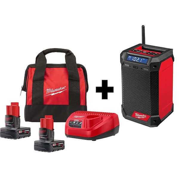 Milwaukee - M12 12-Volt Lithium-Ion Cordless Bluetooth/AM/FM Jobsite Radio Kit W/ Two 4.0 Ah Batteries , Charger & Tool Bag