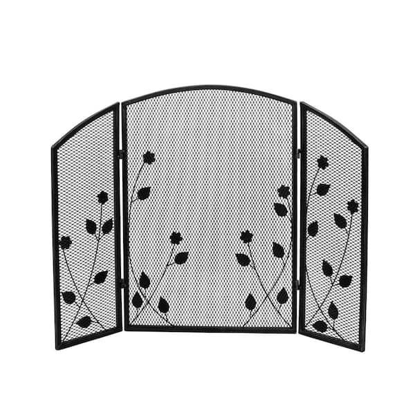 Noble House Greenbrier Modern Black and Silver Iron Fire Screen with Leaf Accents