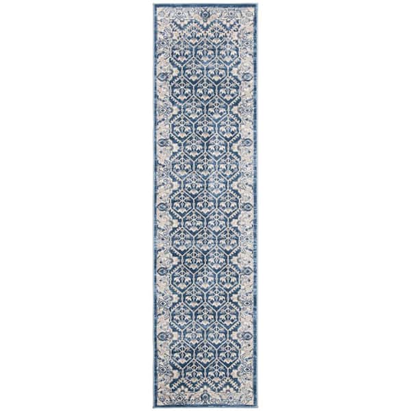Brentwood 2 ft. x 14 ft. Navy/Light Gray Border Multi-Floral Geometric Runner Rug