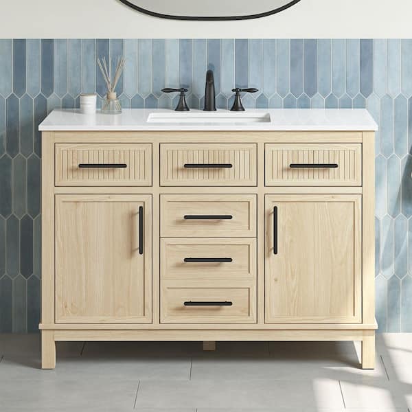 Riley 48 in. Single Sink Light Birch Bath Vanity with White Engineered Stone Top (Assembled)