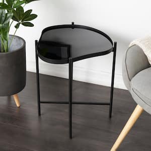 19 in. Black Abstract Wavy Large Asymmetrical Glass End Table with X-Shaped Base