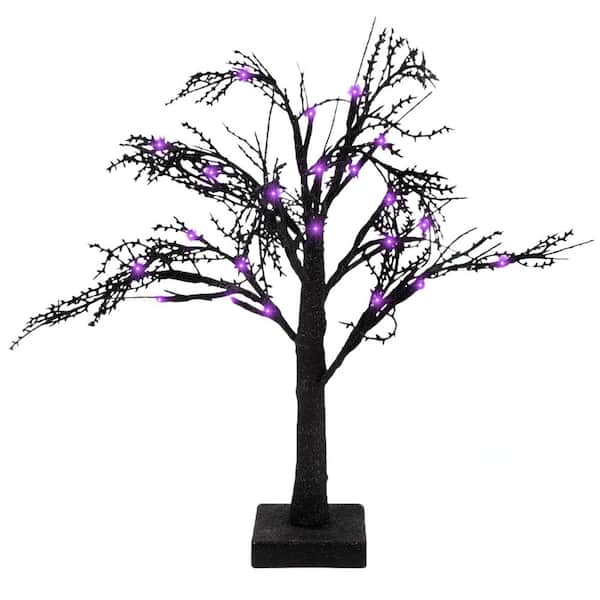 2-Pices 18 in. Artificial Halloween Black Spooky Tree with 24 LED Purple Lights, Spider Web and 10-Noctilucent Spiders