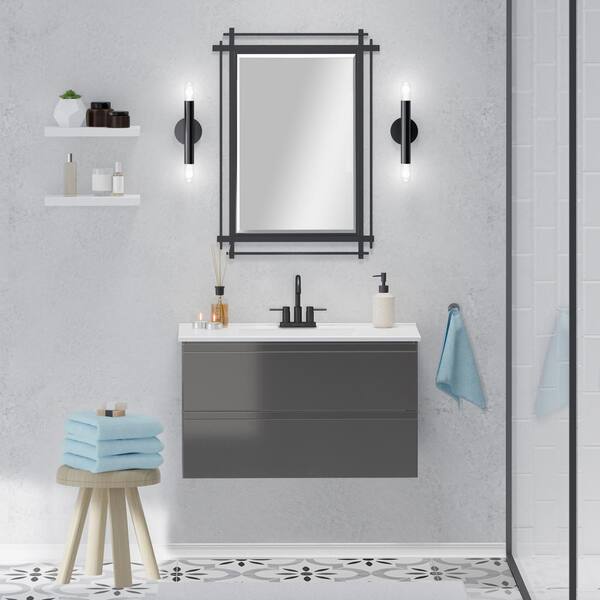 Joyous 32 in. W x 18 in. D x 22.5 in. H Floating Bath Vanity in Black wood with White Porcelain Top