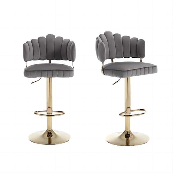 HOMEFUN 33.46 in. Gray Velvet Low Back Metal Adjustable Swivel Bar Stools Set of 2