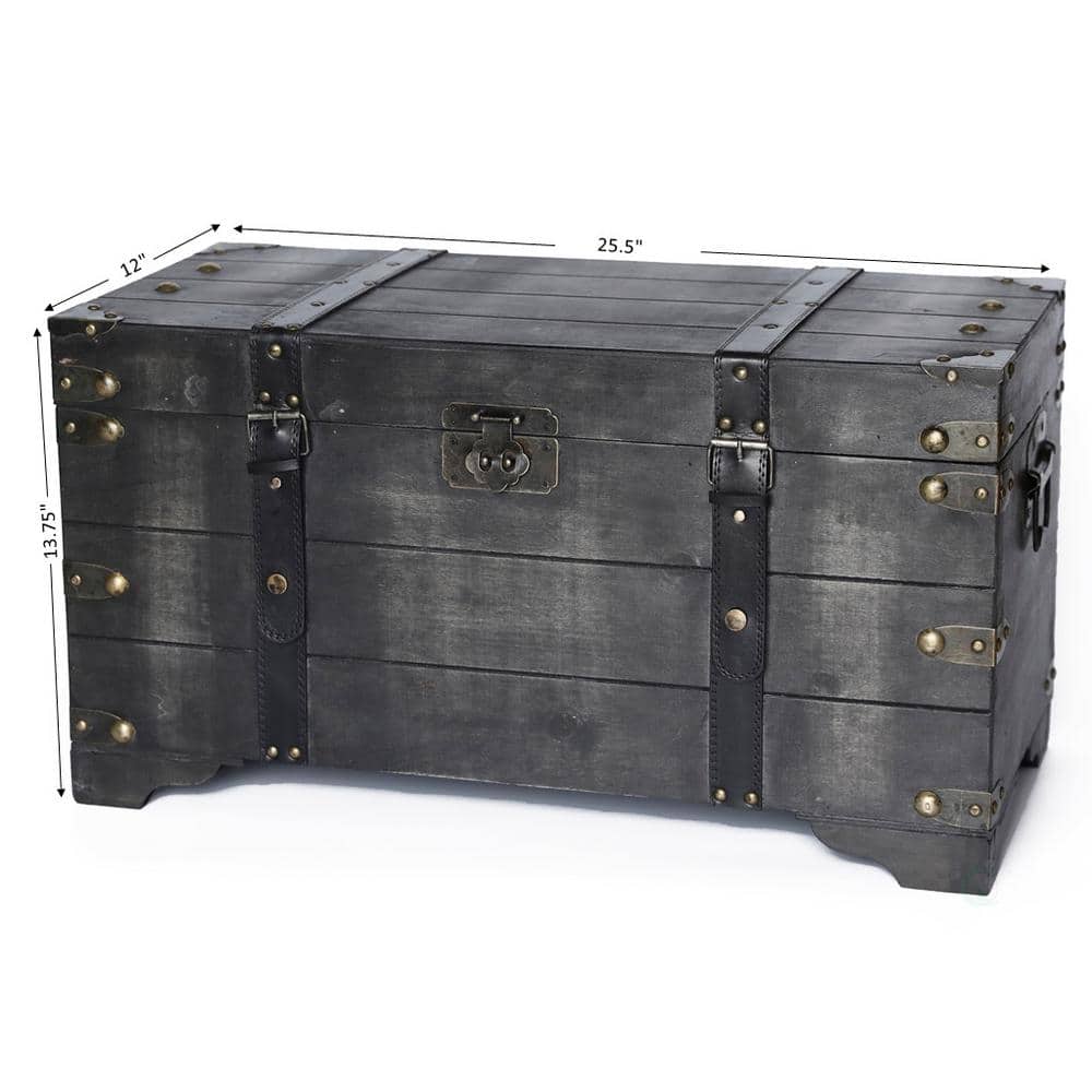 Distressed Black Medium Wooden Storage Trunk with Faux Leather Straps