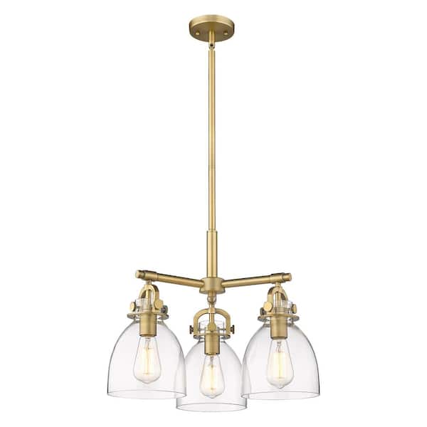 Newton Bell 100-Watt 3-Light Brushed Brass Shaded Mini Pendant Light with Clear Glass Shade