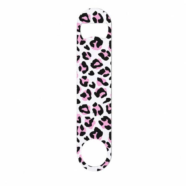 Stainless Steel Flat Paddle Beer Bottle Opener Keychain with Leopard Print Design, 7 Inch Bright Pink