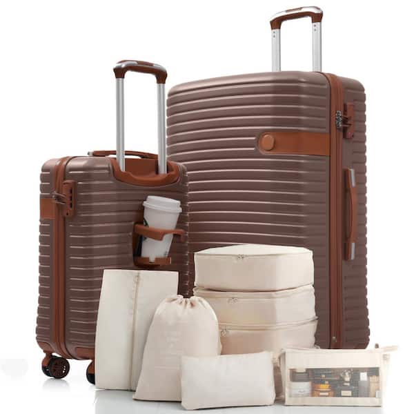 6 or more Bags 10Piece Brown ABS Hardshell Dual Spinner 20 in.24 in.28 in.Luggage Set/ 8 Luggage Bags Cup Holder(20 in.)