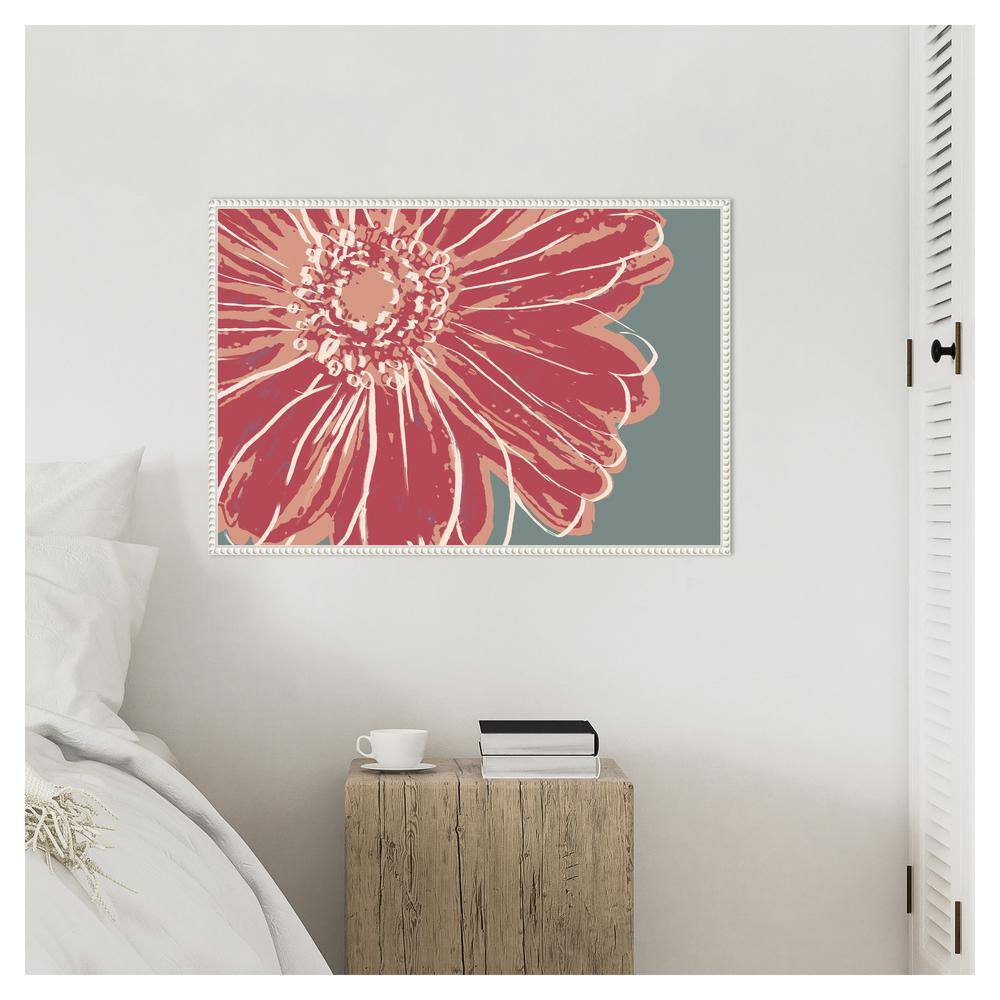 Large Pink Flower on Gray-Green Framed Canvas Wall Art