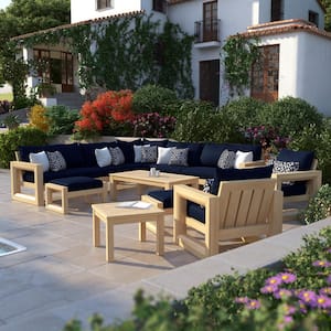 Benson 11-Piece Wood Patio Conversation Set with Sunbrella Navy Blue Cushions