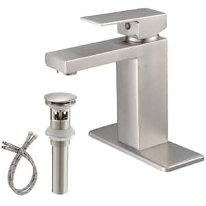 Single Handle Single Hole Low-Arc Bathroom Faucet, Restroom Vanity Faucet with Pop-up Drain Assembly in Brushed Nickel