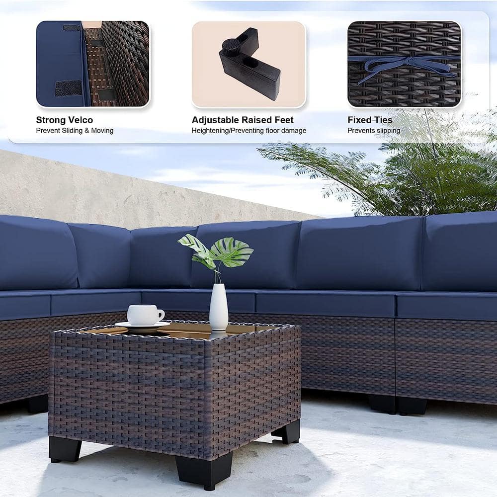 8-Person Brown Steel Wicker Outdoor Sectional Sofa Set with Navy Blue Cushions