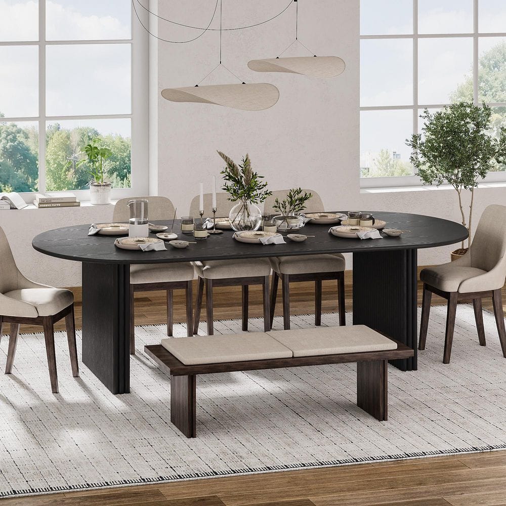 Dovelina Oval Black Wooden Solid Wood 79 in. Wood Pedestal Base Dining ...