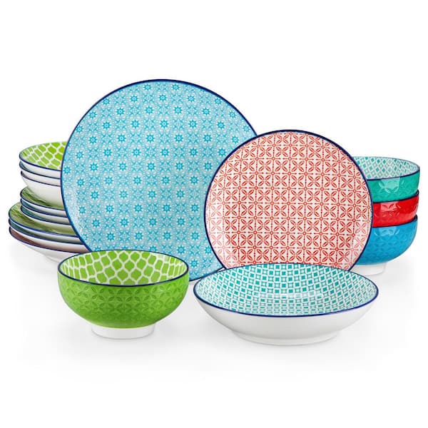 16-Piece Red Blue Green Turquoise Porcelain Dinnerware Set Service for 4 Bowls and Plates Dining Set