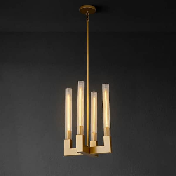 Luxury Pendant Light 12.6 in. 4-Light Gold Modern Candle Style Chandelier with Glass Tube Dinning Room Kitchen Island